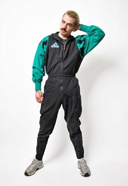 80s vintage ADIDAS one piece tracksuit men black green 1980s