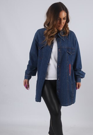 VINTAGE DENIM SHIRT STYLE JACKET OVERSIZED LONG UK 16 (W2B)