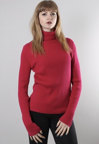 VINTAGE 90S PINK RIBBED KNIT POLO TURTLE NECK JUMPER