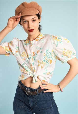 80'S RETRO PARIS CHIC FLORAL PASTEL BLOUSE TOP
