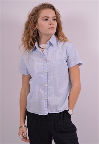 FRED PERRY WOMENS VINTAGE SHIRT MEDIUM BLUE CHECK 90S