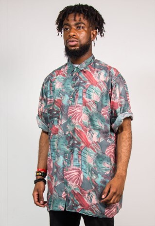 90'S VINTAGE GREEN ABSTRACT SILK SHORT SLEEVE SHIRT