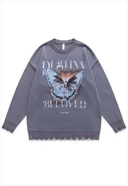 Butterfly sweater Anime knit distressed grunge jumper grey