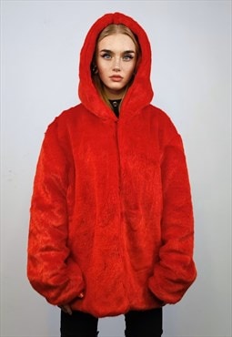 Hooded neon faux fur jacket shaggy bomber bright raver puffe