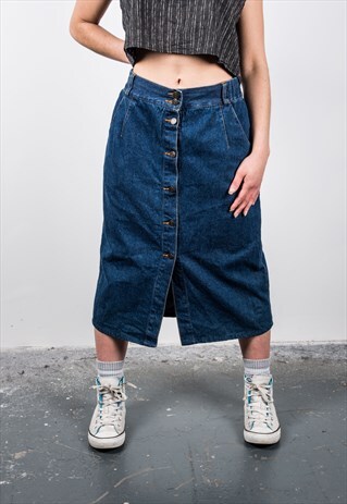 VINTAGE 1990S BLUE DENIM BUTTON DOWN MIDI SKIRT