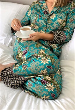 Turquoise Satin Long Pyjama Set 