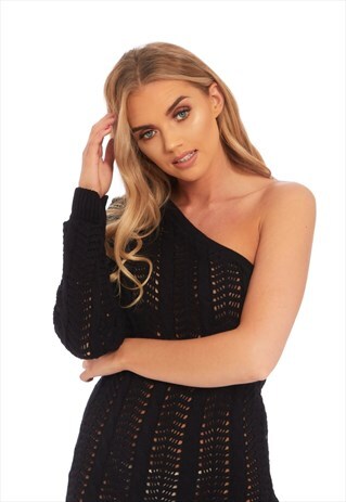 BLACK CROCHET ONE SHOULDER MIDI DRESS