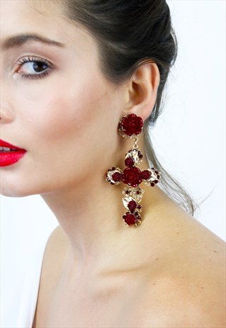 GOLD BURGUNDY FLOWERS LARGE CROSS STATEMENT EARRINGS
