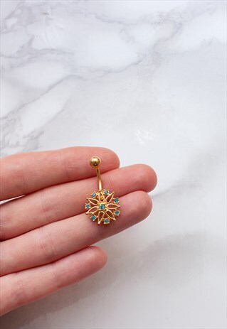 GOLD STEEL FLOWER BELLY BAR CRYSTAL GEMS PRETTY BODY JEWELRY