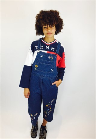 VINTAGE FLORAL EMBROIDERED DENIM DUNGAREES