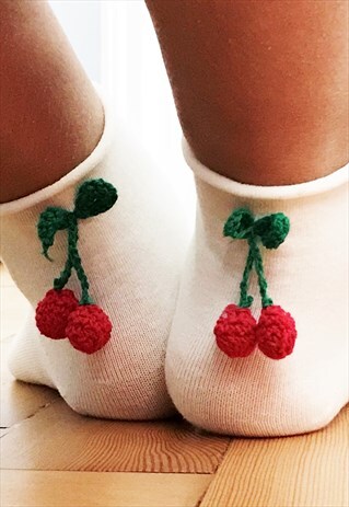 WHITE SOCK WITH CHERRY POMPOM