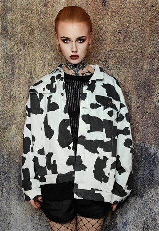 Cow print denim jacket animal spot jean coat in white black