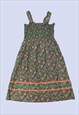 VINTAGE HANDMADE GREEN MULTI FLORAL PRINT SHIRRED DRESS