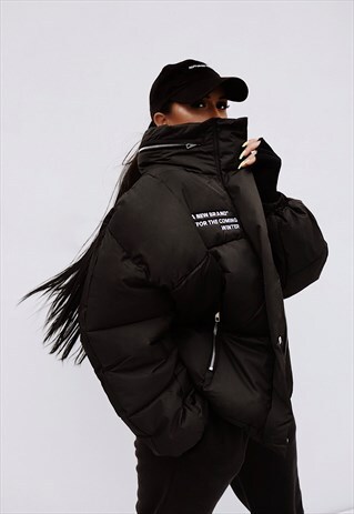 OVERSIZED SLOGAN EMBROIDERED PUFFER COAT IN BLACK