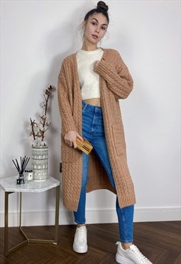 Cable knit design wool-blended long oversized cardigan
