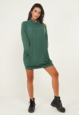 Oversized Jumper Dress With Roll Neck And Pockets In Green