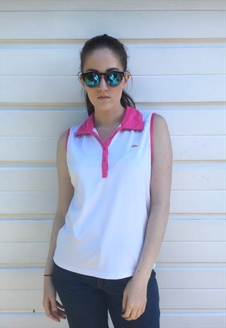 WOMENS VINTAGE ELLESSE TOP WHITE PINK SLEEVELESS SPORT VEST