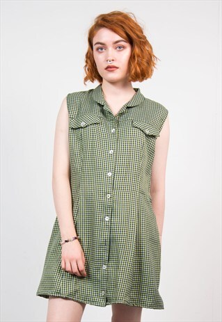 VINTAGE 90'S GREEN GINGHAM GRUNGE MINI DRESS