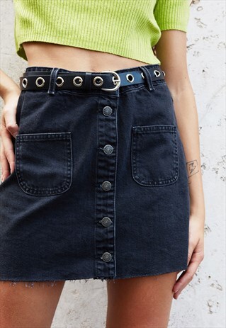BUTTONED DENIM SKIRT - BLACK