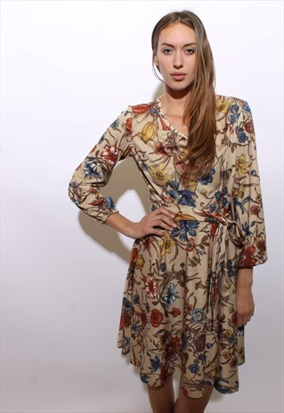 VINTAGE 1970'S 70'S FLORAL PRINT MIDI DRESS FALL COLORS L-XL