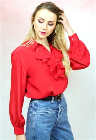 1980S VINTAGE RED RUFFLE SILKY BLOUSE