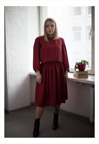 VINTAGE 80'S MIDI COPPER RED LONG SLEEVED DRESS