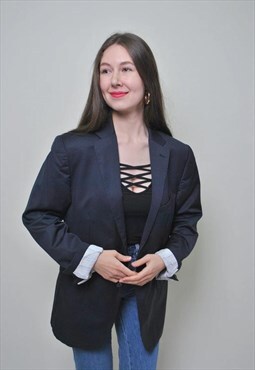 Women blue blazer, vintage 90s minimalist suit jacket 