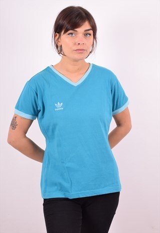 ADIDAS WOMENS VINTAGE T-SHIRT TOP LARGE BLUE 90S