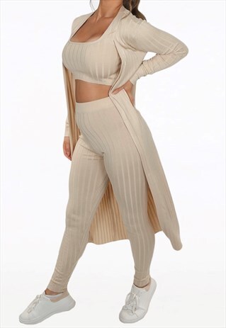 THREE PIECE RIBBED CO-ORD IN BEIGE