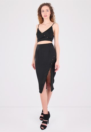 BLACK MIDI PENCIL SKIRT & CROP TOP CO ORD SET