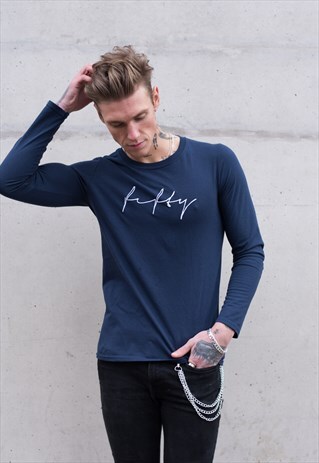 SCRIBBLE TEXT FIFTY 50 LONG SLEEVED T-SHIRT - NAVY BLUE