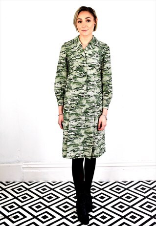 VINTAGE 80'S JAPANESE MOTTLED GREEN PATTERNED MIDI DRESS