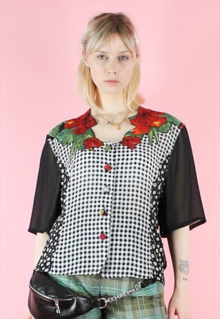 VINTAGE 90S BLOUSE TOP TRANSPARENT BLACK WHITE RED ROSES