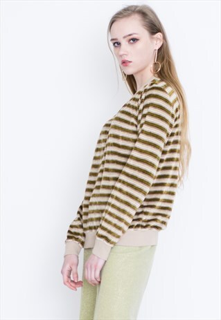 VINTAGE GREEN STRIPED VELVET RETRO SWEATER