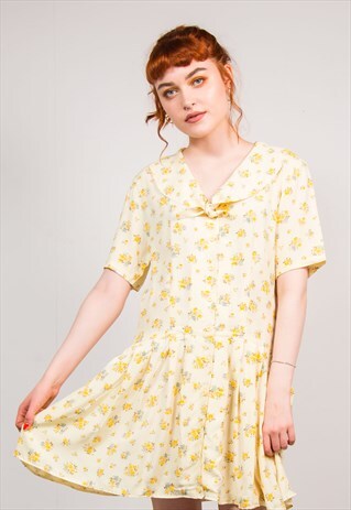VINTAGE 90'S PALE YELLOW FLORAL PATTERN SUMMER DRESS