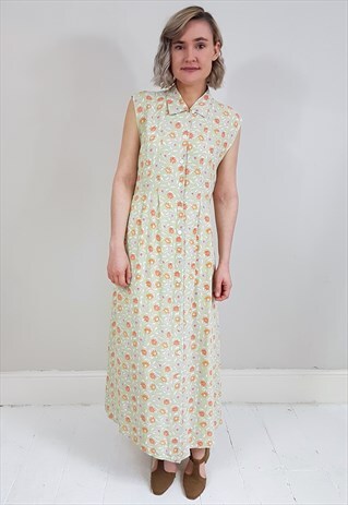 VINTAGE 90'S LIGHT GREEN FLORAL SHIRT BUTTON TRAPEZE DRESS