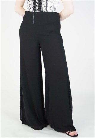 VINTAGE WIDE LEG PALAZZO BAGGY BLACK CHIFFON FLOATY TROUSERS