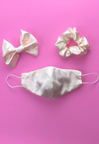 CREAM SATIN FACE COVERING SET WITH SCRUNCHIE OR HAIR BOW