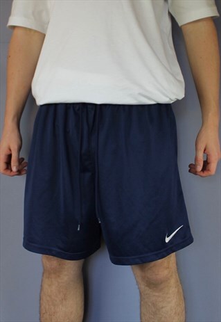 VINTAGE NIKE SHORTS IN NAVY WITH EMBROIDERED LOGO AND DRAWST