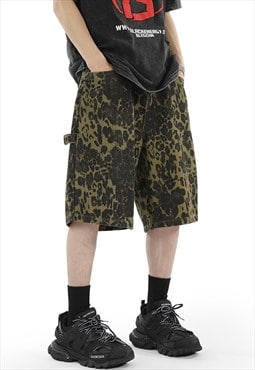Leopard jean shorts animal print denim pants in green black