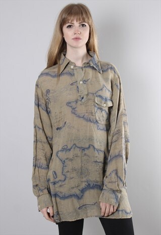 VINTAGE 80S BEIGE ATLAS PATTERNED LINEN LONG TUNIC SHIRT
