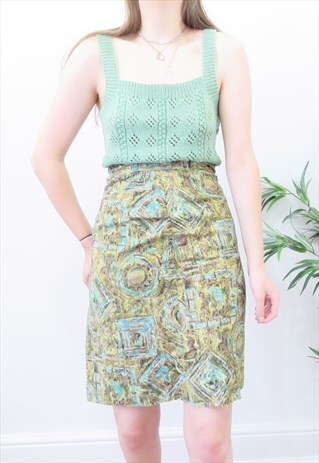 90S VINTAGE GREEN & BLUE ABSTRACT PENCIL SKIRT