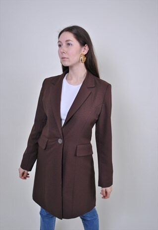 90S BROWN LONG BLAZER, VINTAGE SUIT FORMAL COAT, SPRING TOP