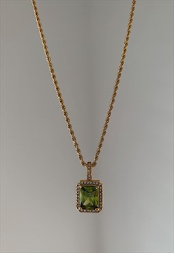 HERMES. Olive Green Crystal Pendant Gold Chain Necklace