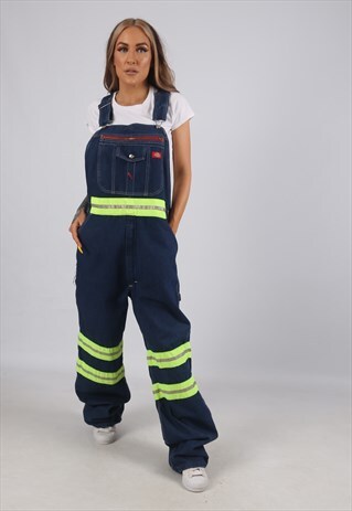 VINTAGE DICKIES DENIM DUNGAREES REFLECTIVE TALL UK 16 (EF6F)