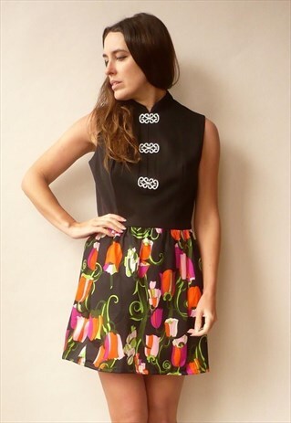 1970'S VINTAGE PSYCH BOHEMIAN FLORAL PRINTED BABYDOLL DRESS