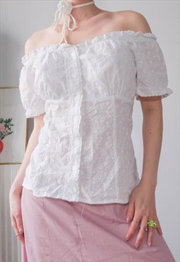 Vintage Cottagecore White Embroidery Off Shoulder Top