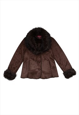 Vintage Y2K 00s brown suede penny lane jacket with faux fur 