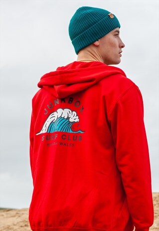 ZIP UP RED HOODIE WITH SURF CLUB GRAPHIC BACK PRINT
