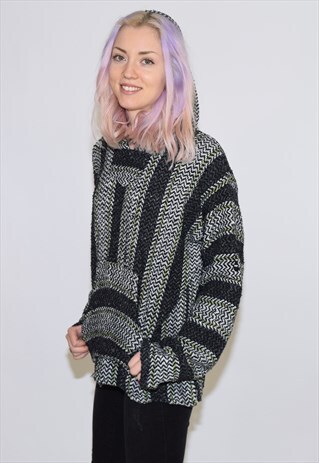 VINTAGE 90S GREY GREEN WHITE BAHA KNIT HOODIE